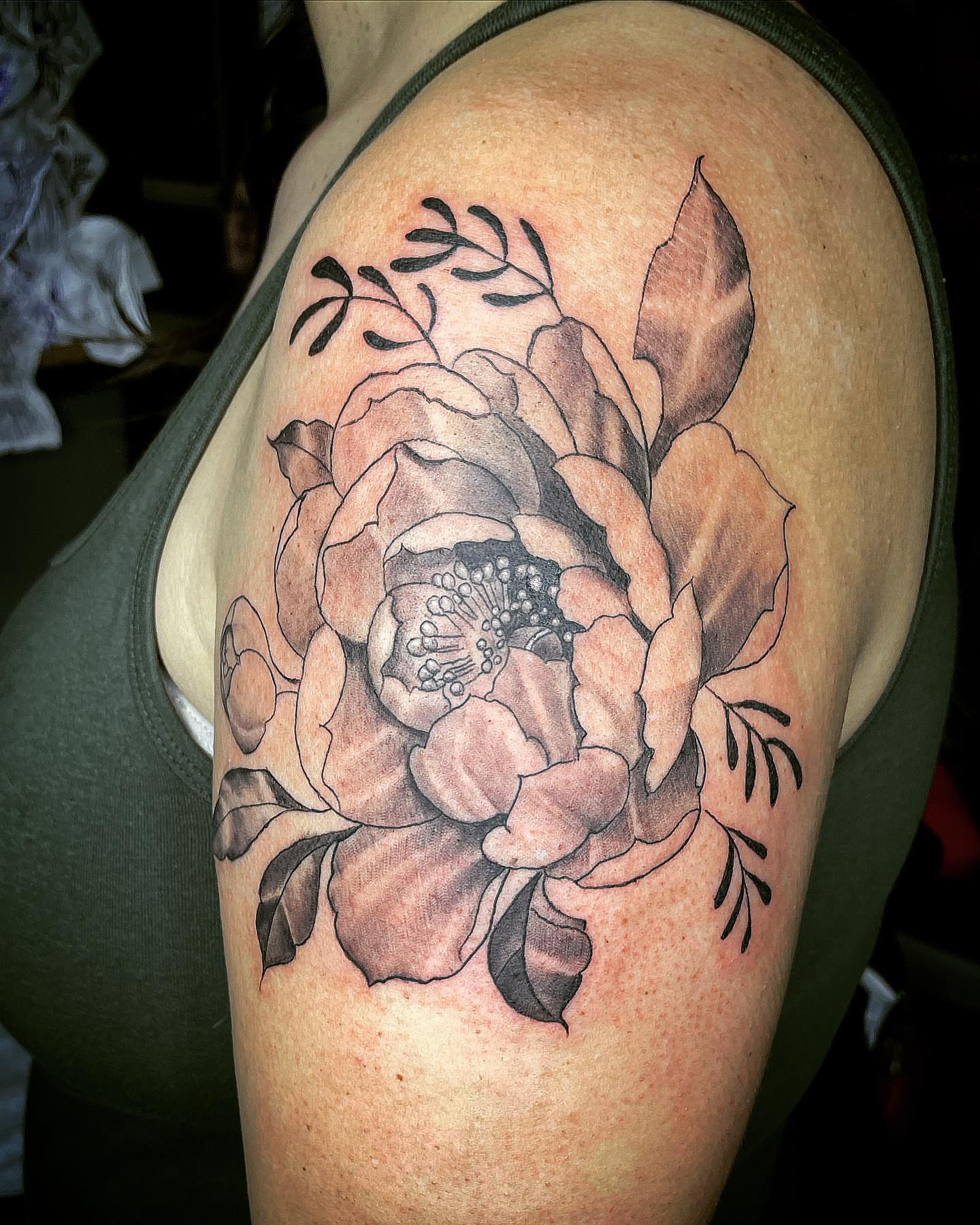 Peony black and grey tattoo on the shoulder by Immortal BAYAREA TATTOO ARTIST