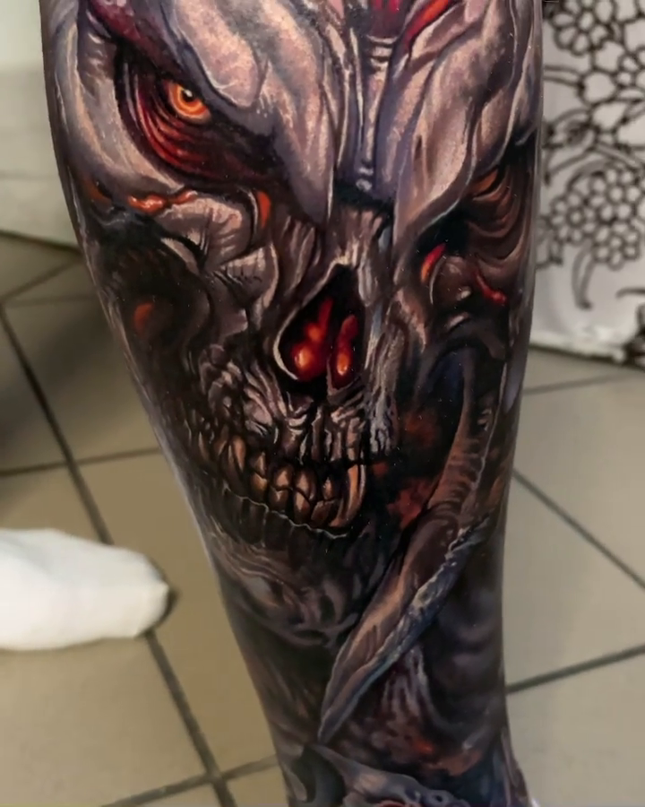 Demonic skull realism tattoo by Dmitriy Paramonov πΊπ¦