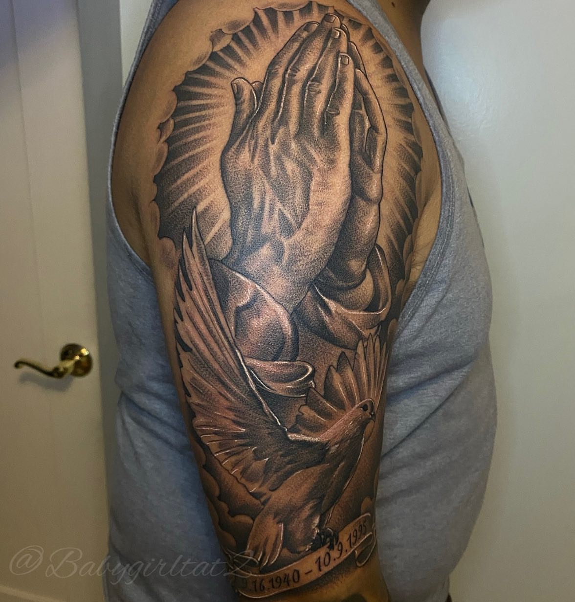 Praying hands with dove realism tattoo on the forearm by π²πππππππ β‘οΈ