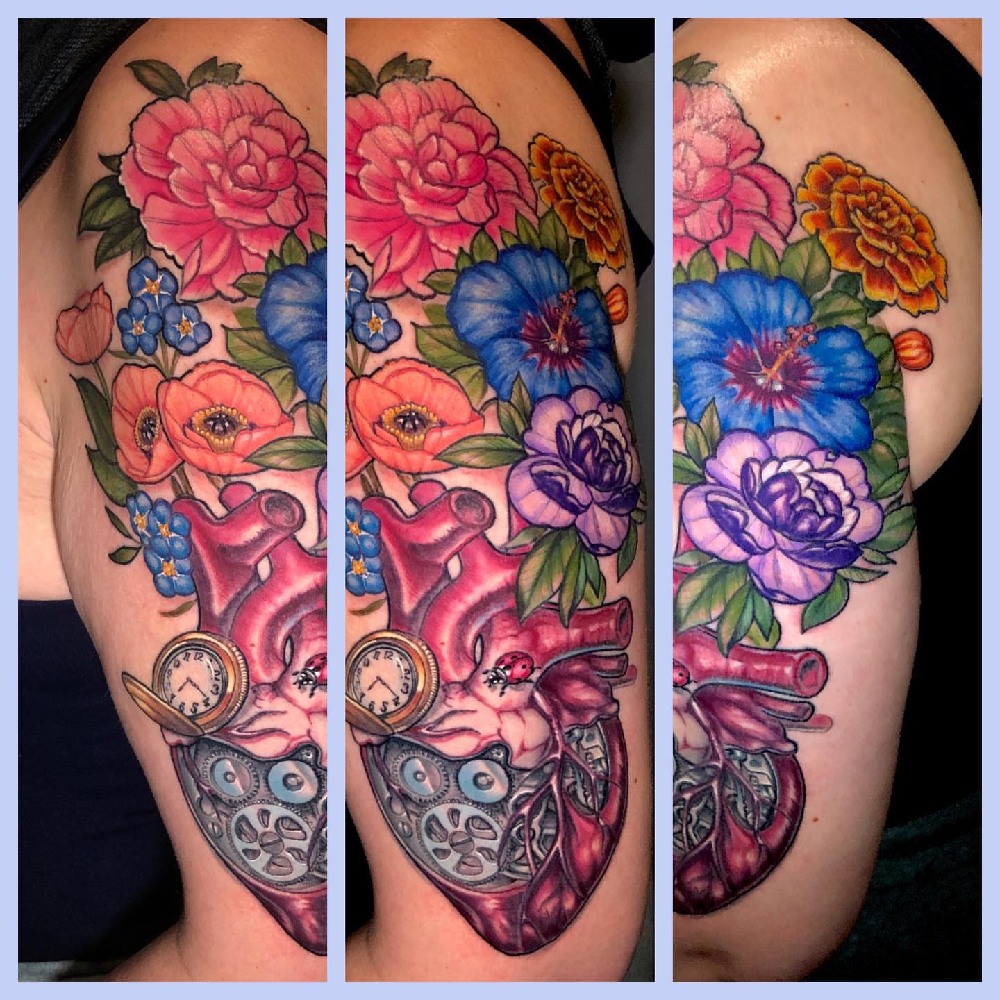 Anatomical heart with flowers American traditional tattoo on the upper arm by Josh Green
