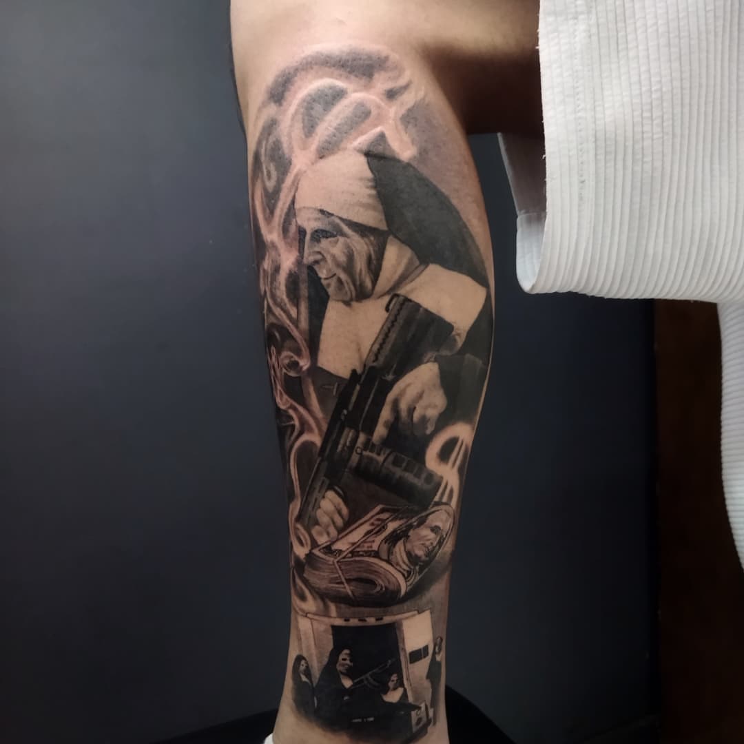Nun with gun realism tattoo on the forearm by Marquin π§π·