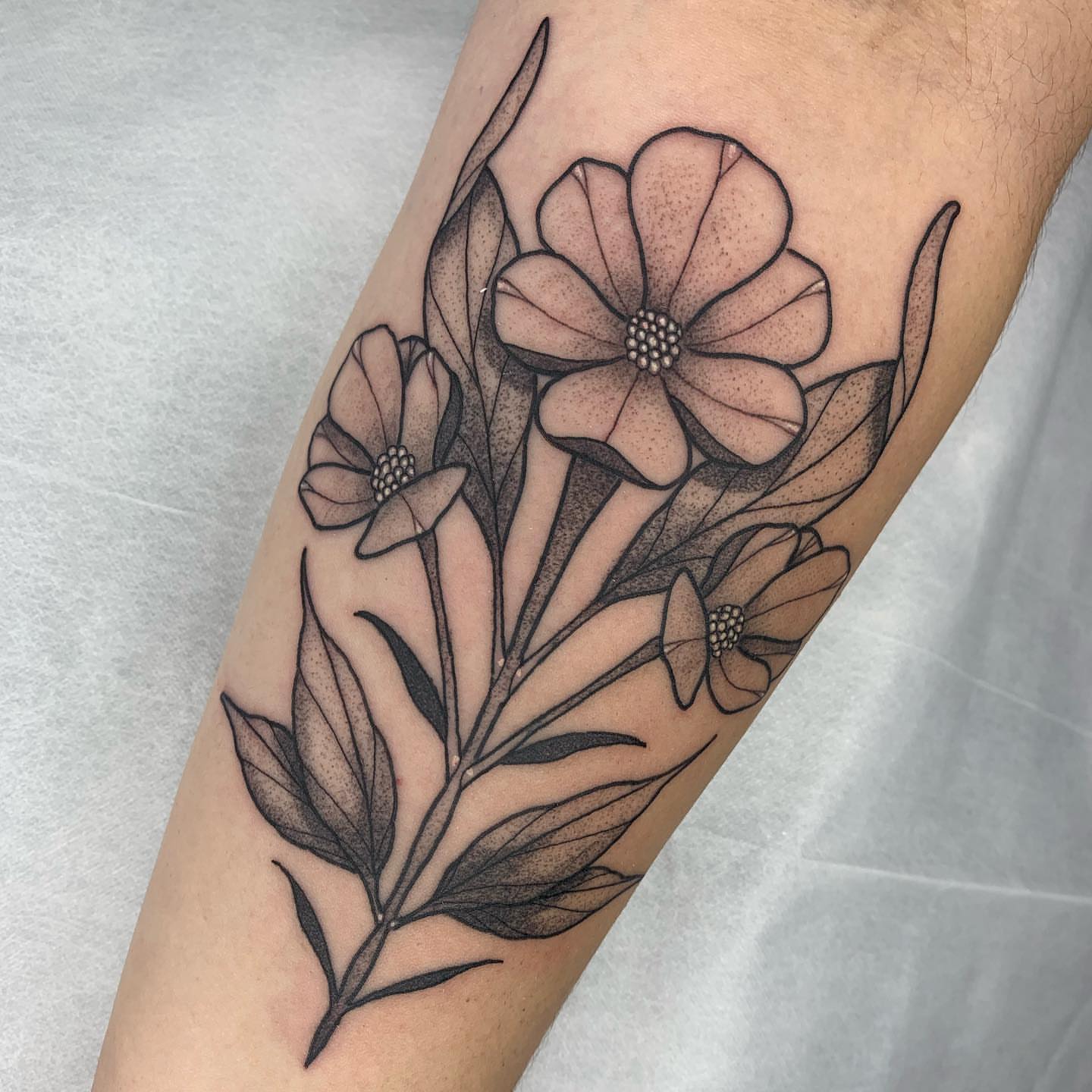 Flowers and leaves dotwork tattoo on the forearm by Luis Torres, Harrison, New Jersey