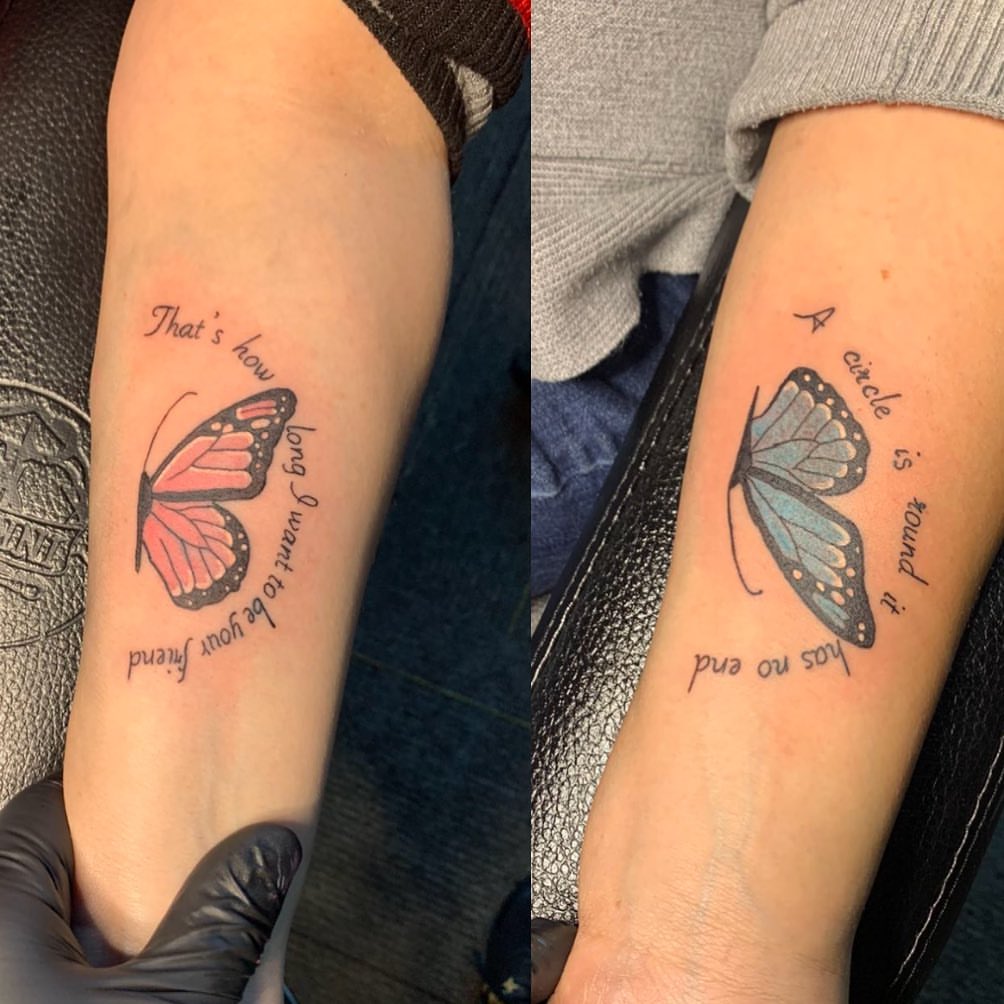 Butterfly with text fine line tattoo on the forearm by Wichita Tattoo