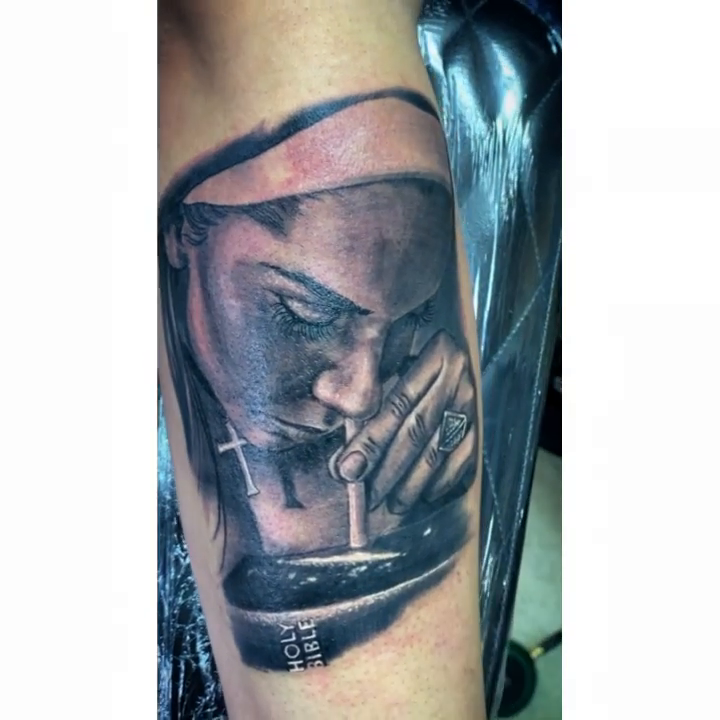 Tattoo by @karrissastitttattoos — dark_realism, black_and_grey