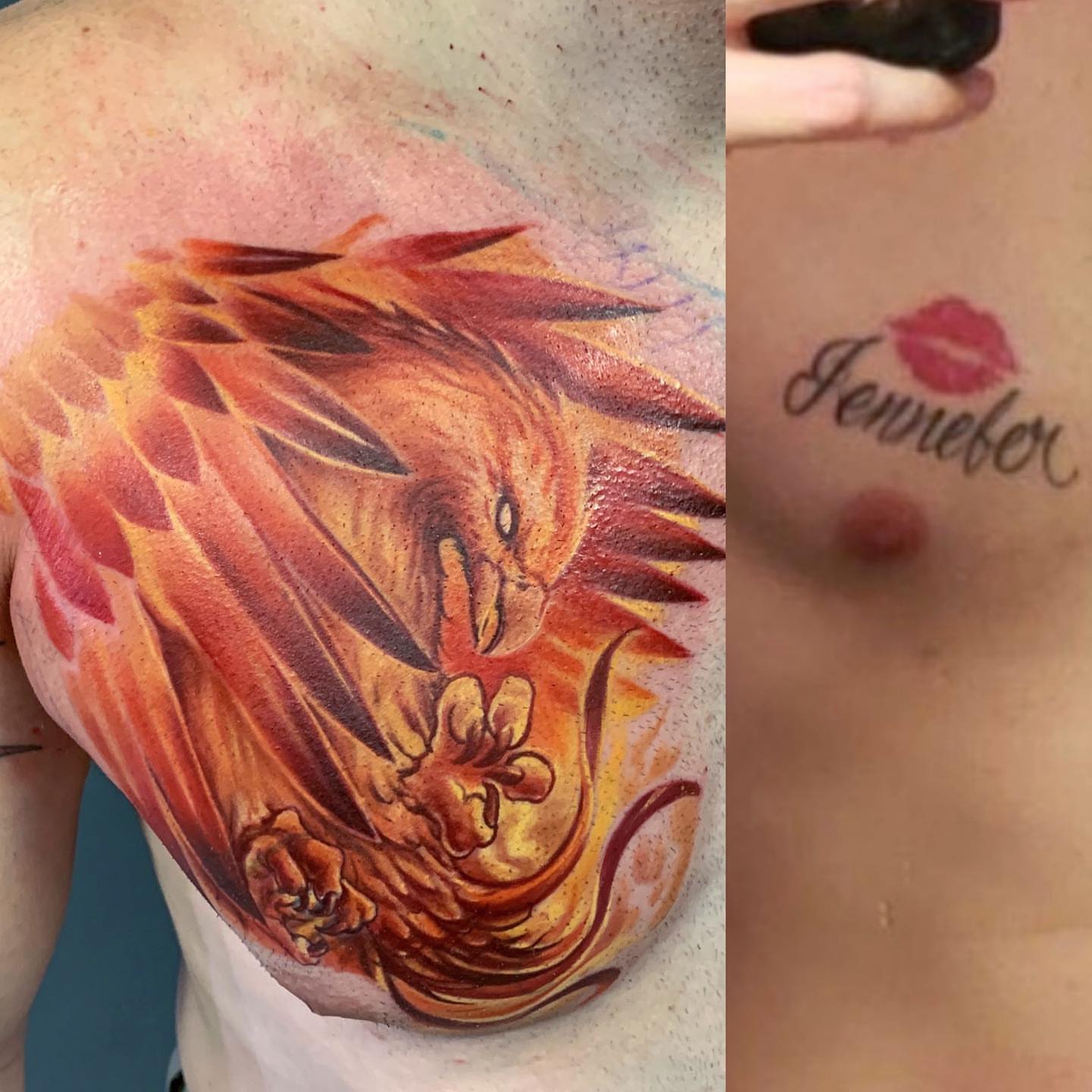 Flaming phoenix realism tattoo on the chest by TyEsha Reels