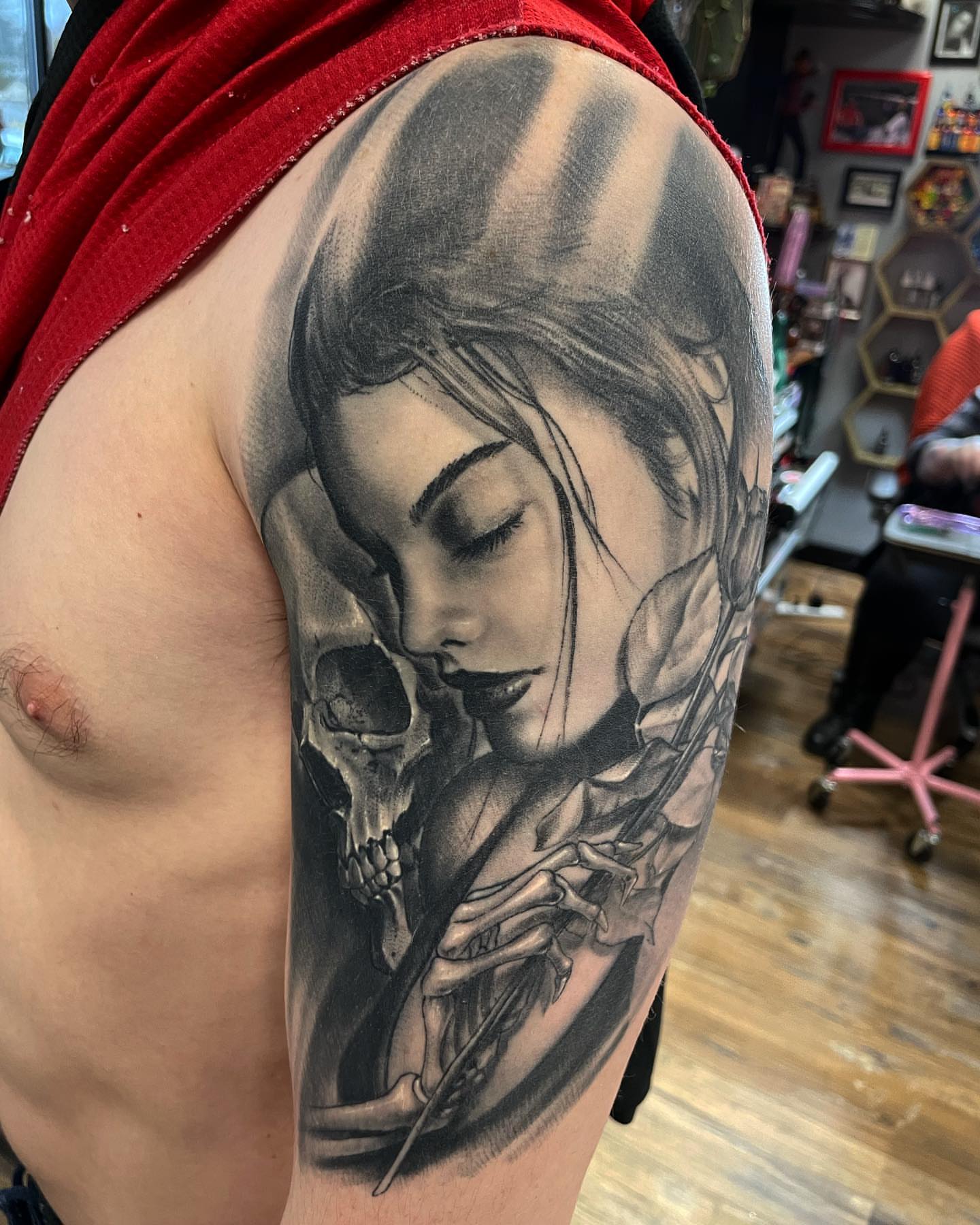 Woman with skull realism tattoo on the shoulder by ๐ฟ๐๐ฃ๐๐๐ก ๐๐ค๐ ๐ค๐ง๐ฃ๐ฎ, Middletown, Orange County, New York