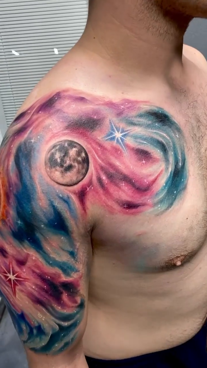 Cosmic scene with planets and stars realism tattoo by ♠️KEITHKUSTOM♠️ San Antonio Tattoo Artist