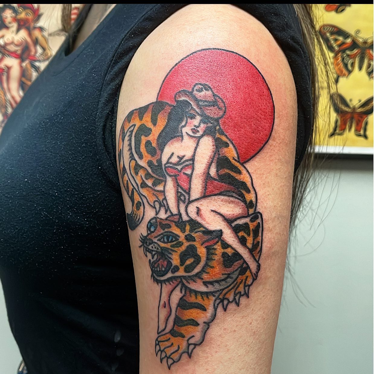 Woman and tiger American traditional tattoo on the shoulder by @kevingaretz, Jersey City, New Jersey