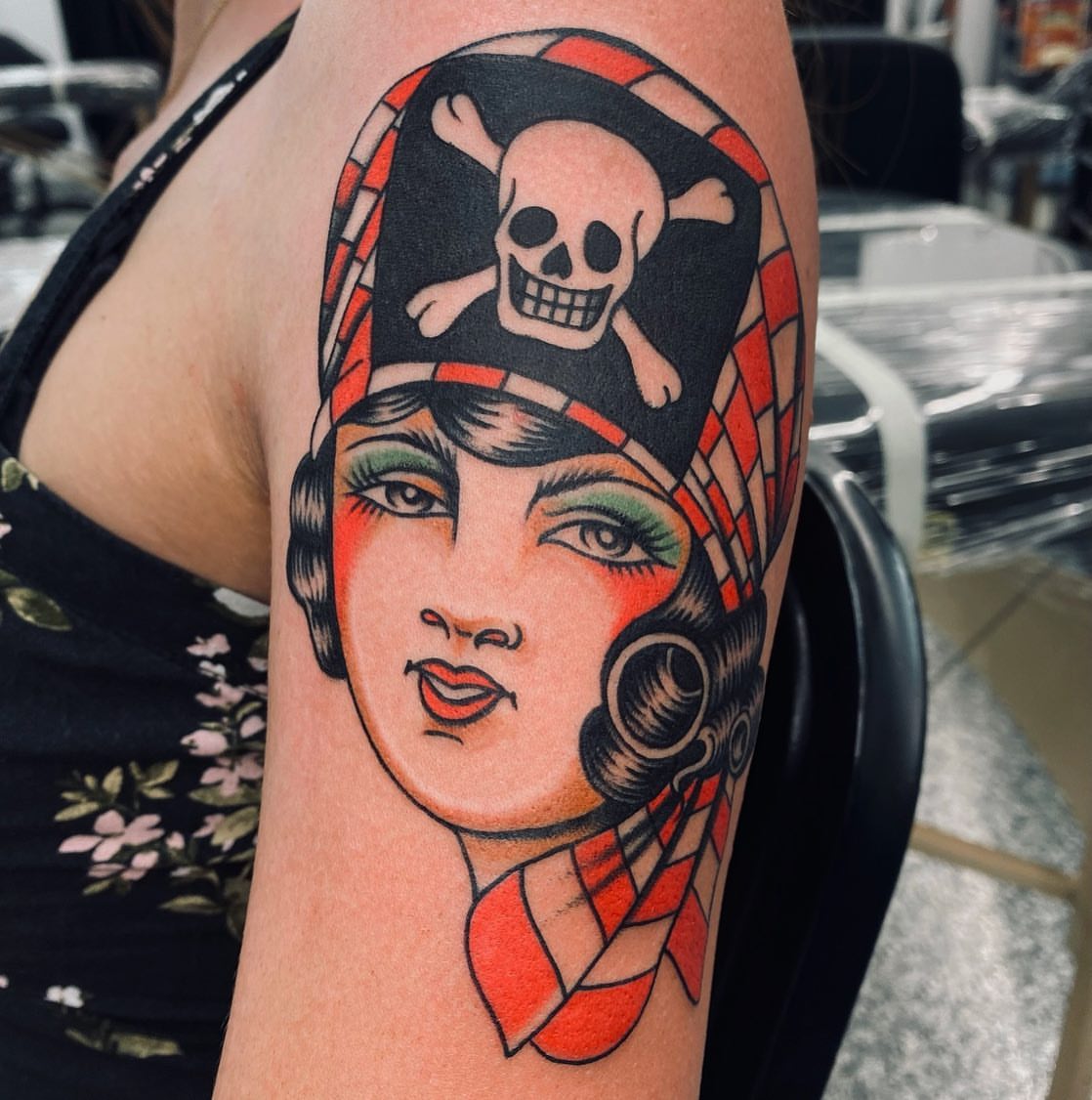 Pirate woman American traditional tattoo on the forearm by Dave G