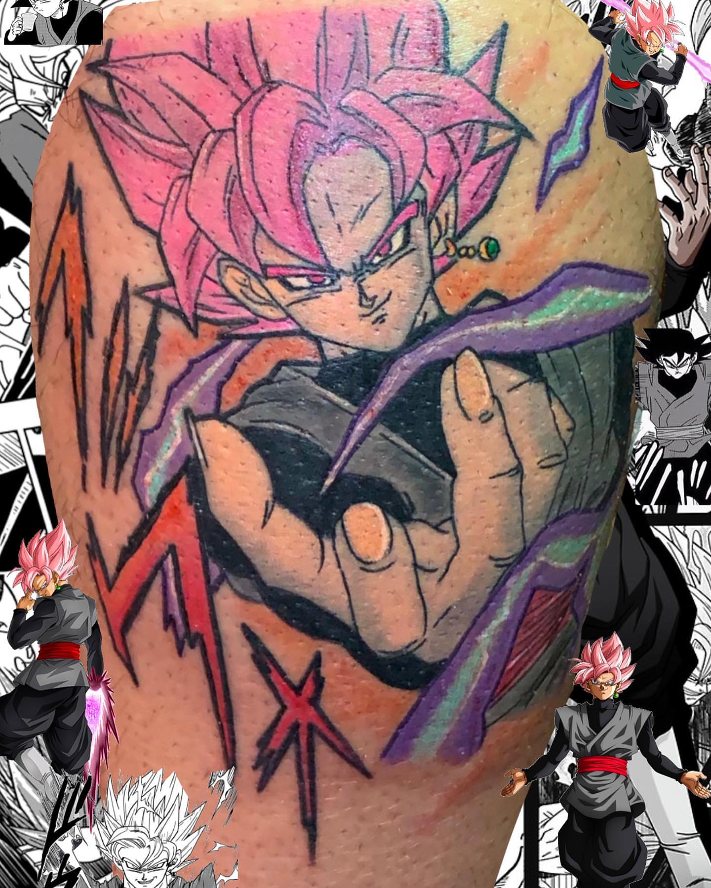 Super saiyan black anime tattoo on the thigh by Dre Inks