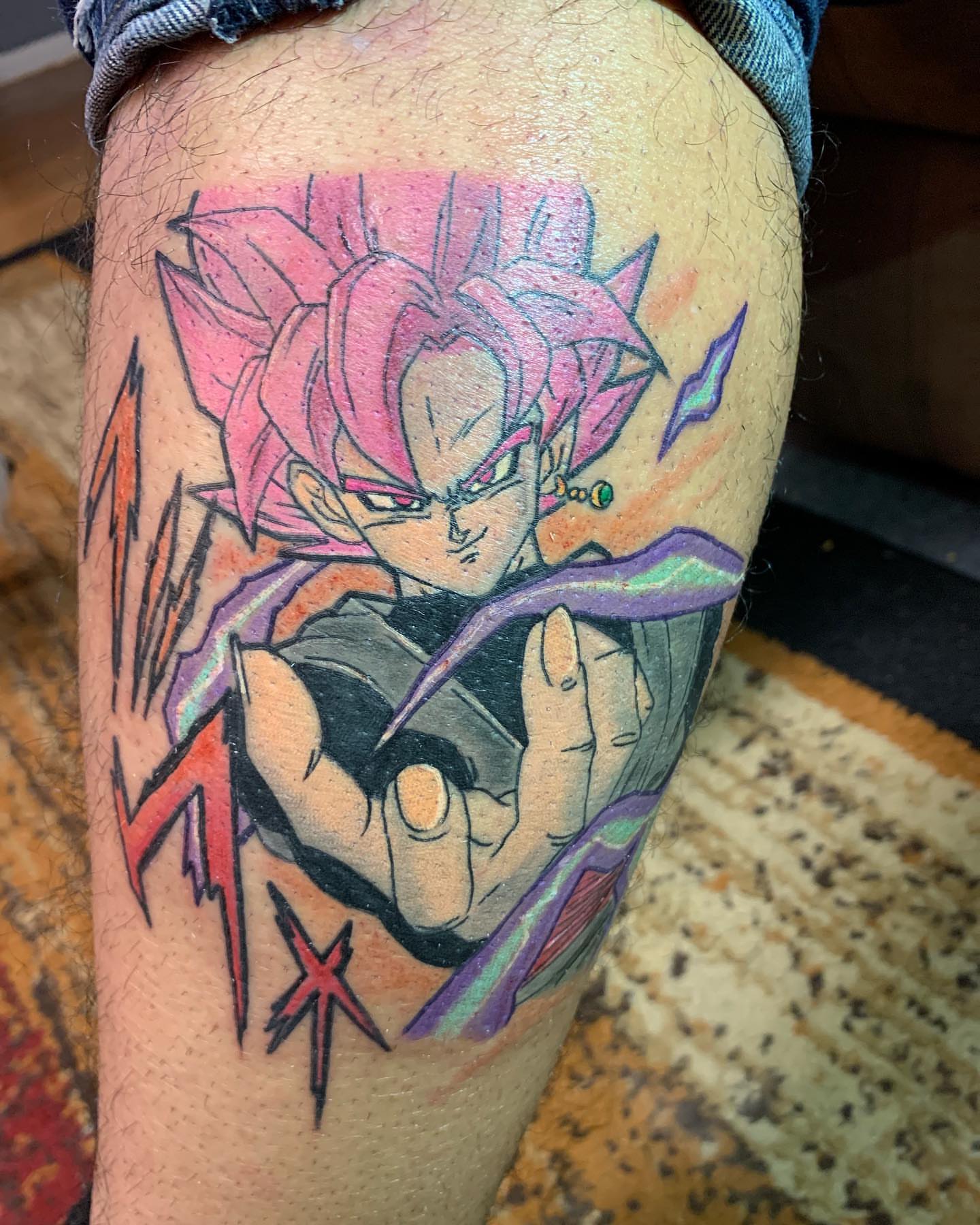 Dragon ball character anime tattoo on the thigh by Dre Inks