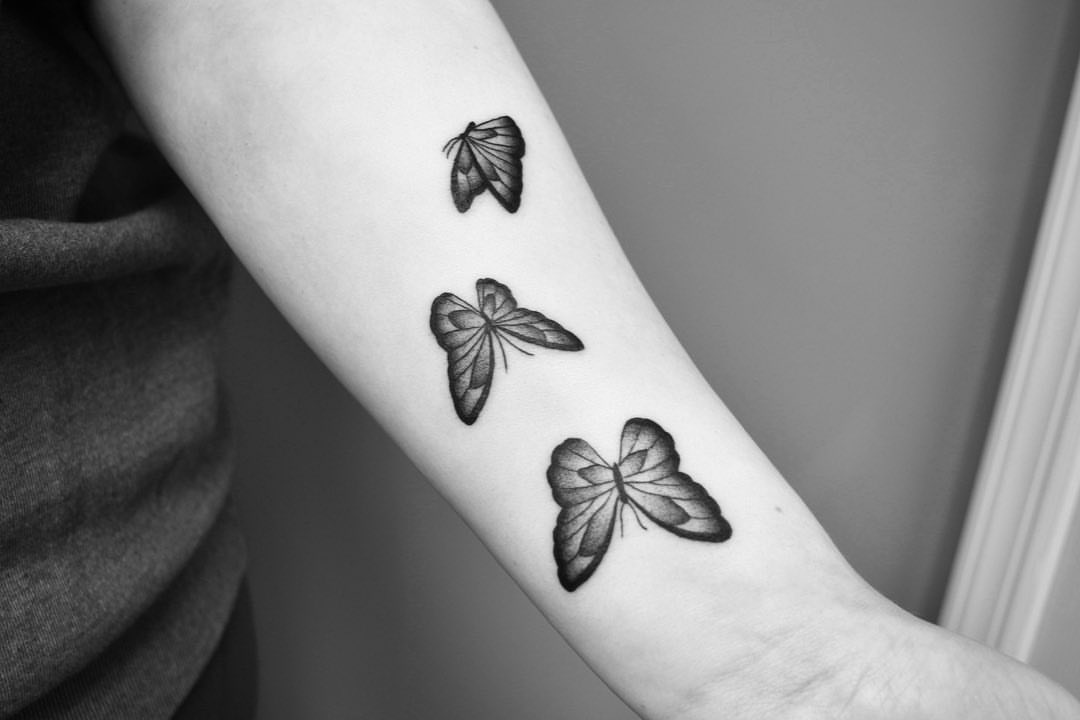 Butterflies black and grey tattoo on the forearm by Jenn ★ Reid