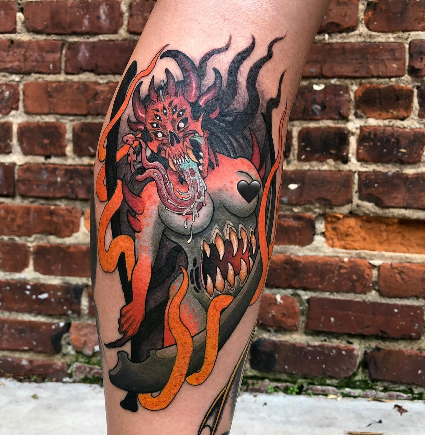 Demon American traditional tattoo on the calf by Erin Chance