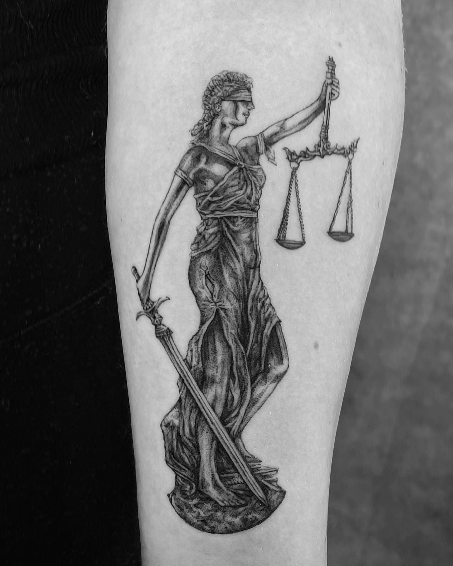 Lady Justice realism tattoo on the forearm by eugene k 🌈, San Francisco, California