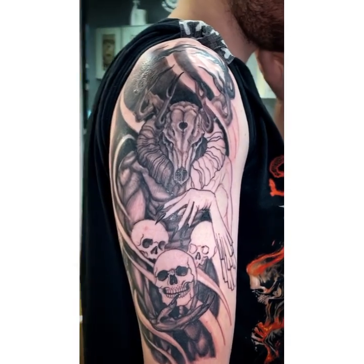 Tattoo by @karrissastitttattoos — dark_realism, black_and_grey