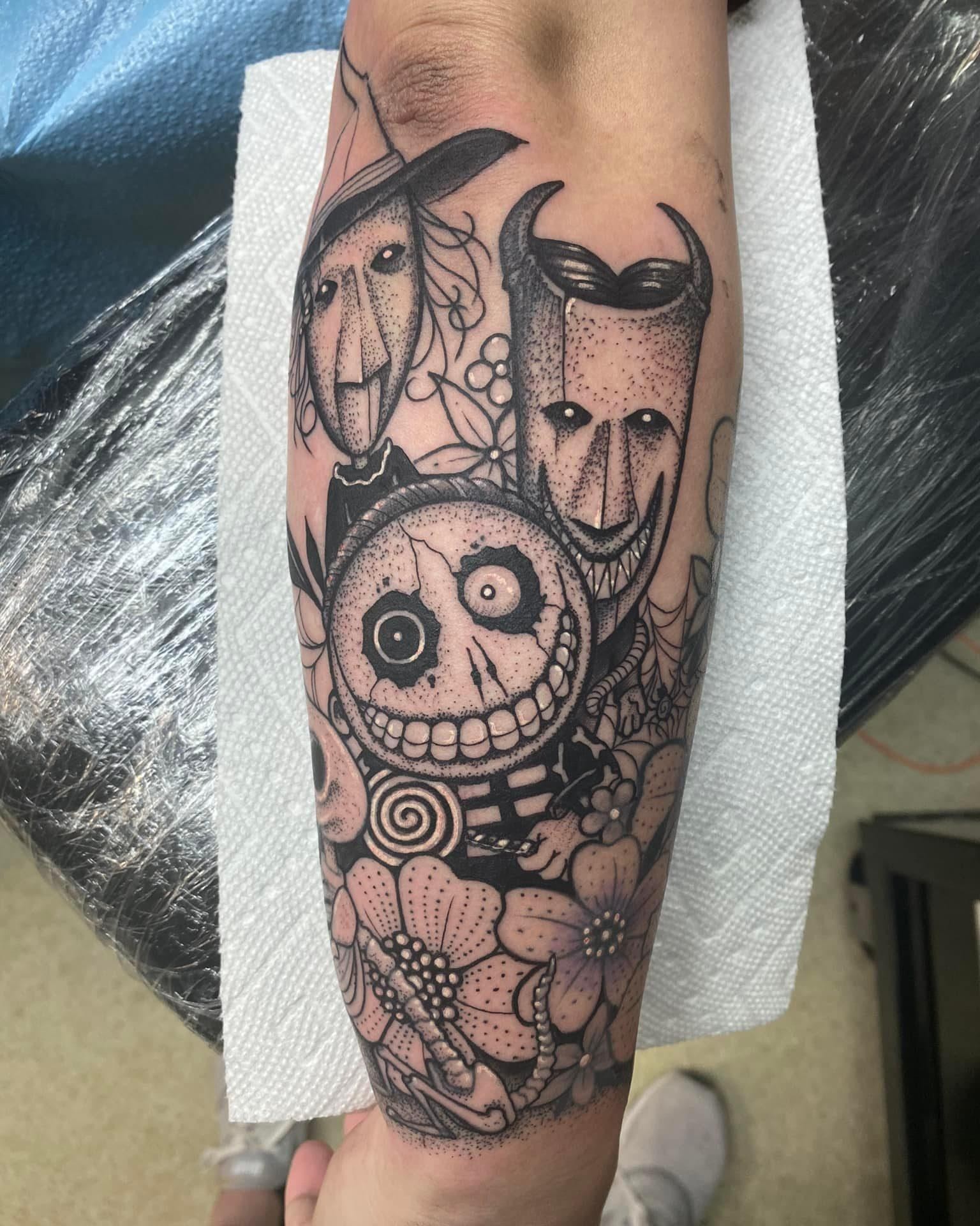 Tattoo by @karrissastitttattoos — dotwork, black_and_grey