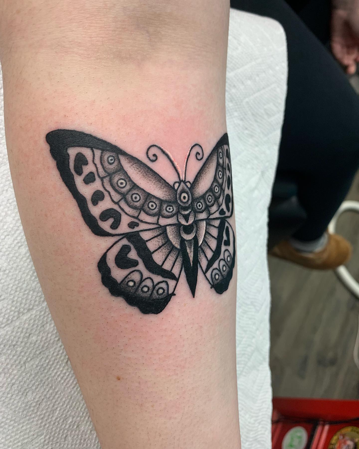 Butterfly black and grey tattoo on the forearm by ⭒ ʜᴀɪʟᴇʏ ᴍᴇᴛᴢ ⭒