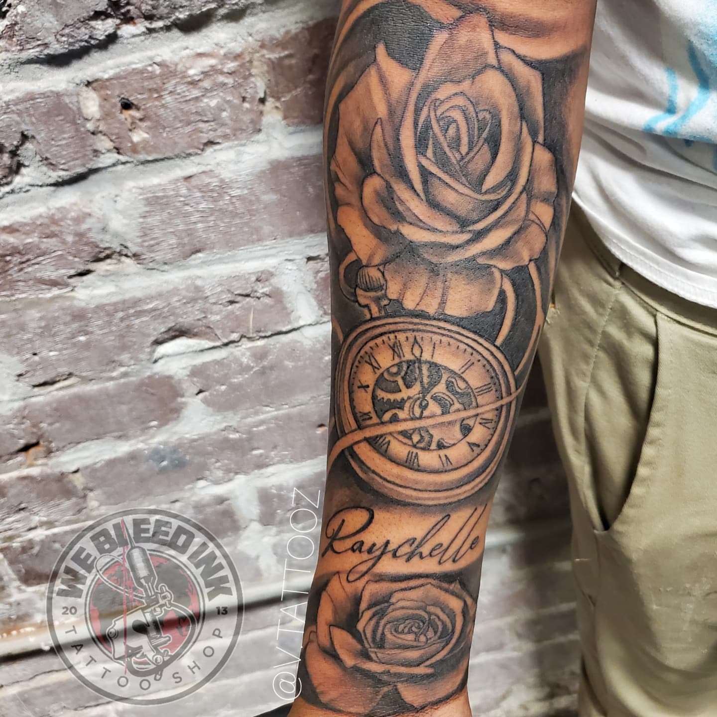 Rose and pocket watch realism tattoo on the forearm by call (504)441-9275 for info