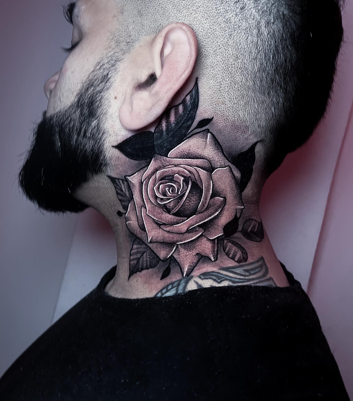 Rose black and grey tattoo on the neck by Christian Pelaez