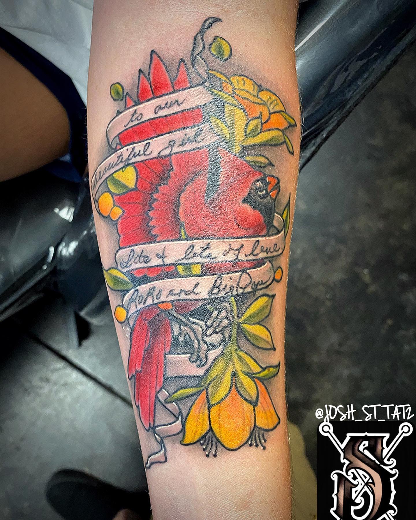 Bird and flowers American traditional tattoo on the forearm by Josh St.germain