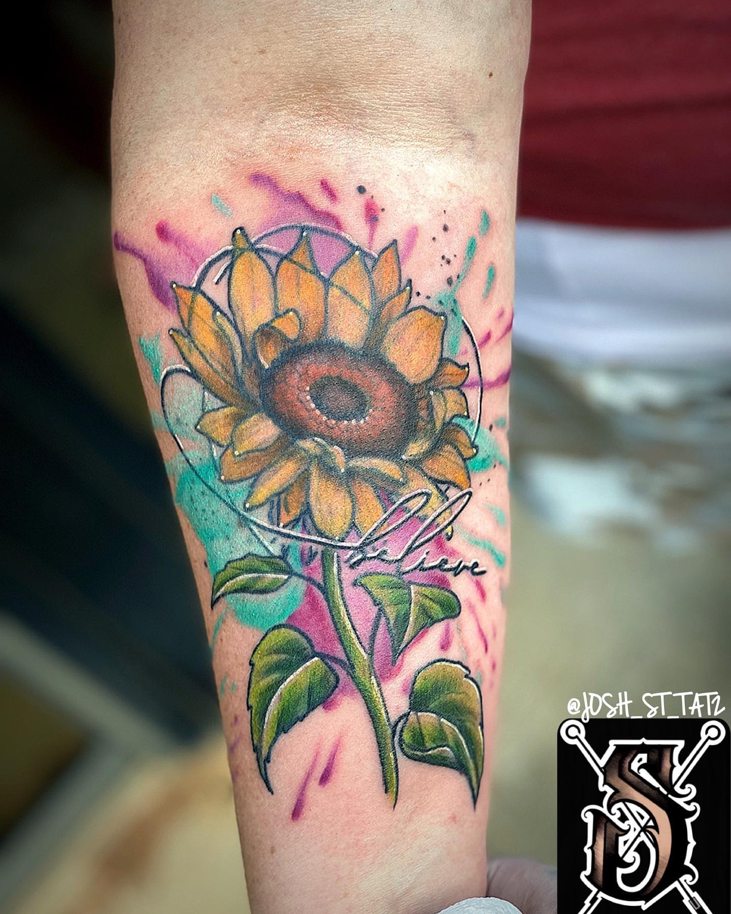 Sunflower watercolor tattoo on the forearm by Josh St.germain