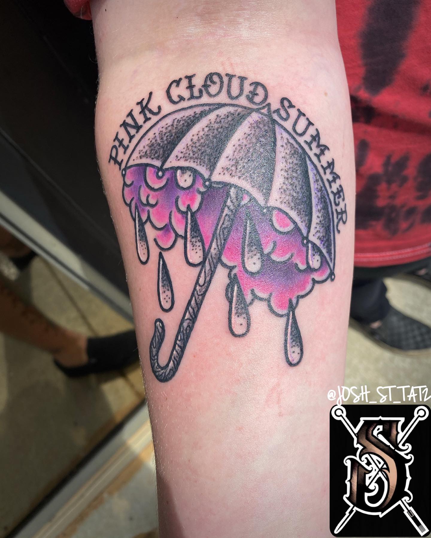 Umbrella with dripping paint dotwork tattoo on the forearm by Josh St.germain