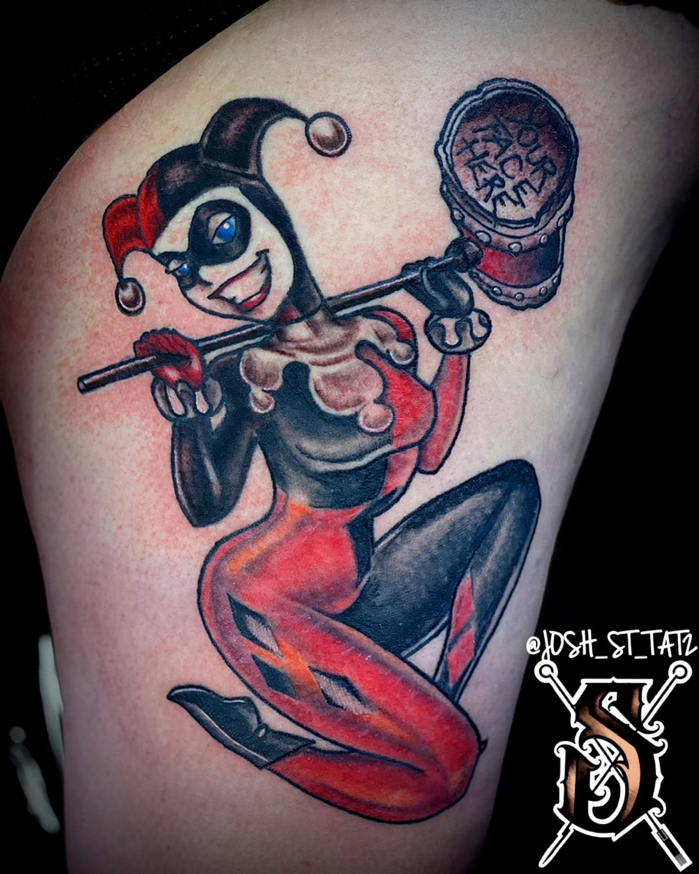 Harley Quinn American traditional tattoo on the thigh by Josh St.germain