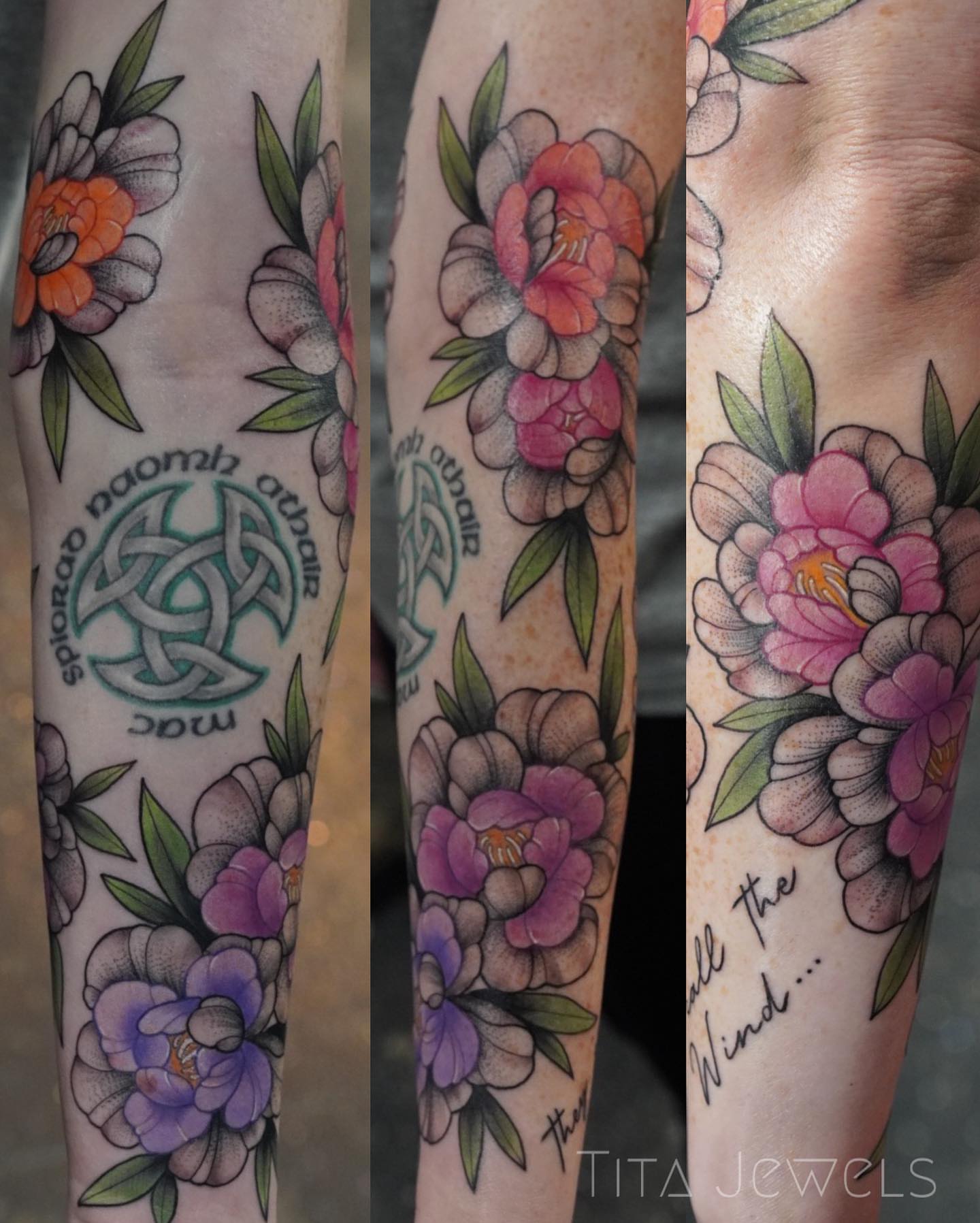 Floral arrangement American traditional tattoo on the forearm by Tita Jewels- Tattoo Artist, Austin, Texas