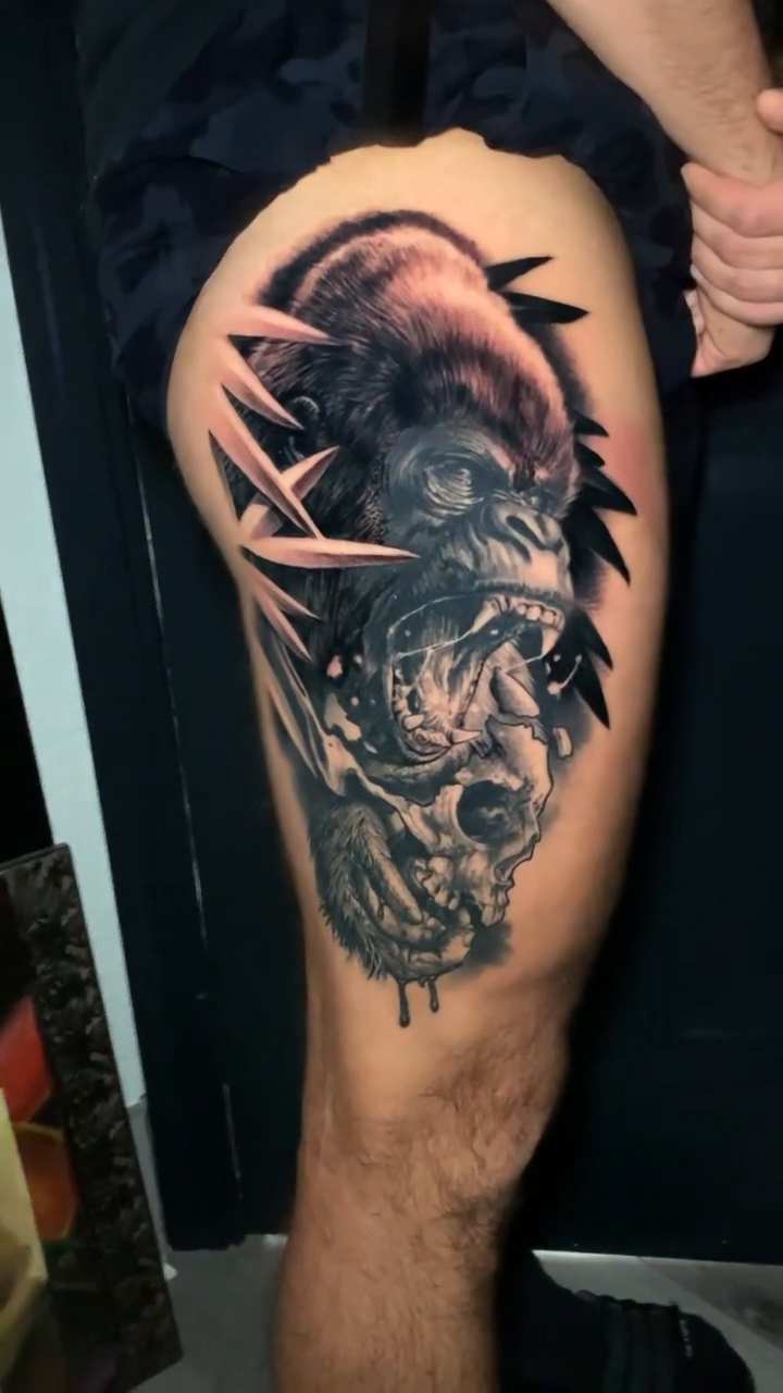 Gorilla skull dark realism tattoo by Raul Ugarte, Roseville, California