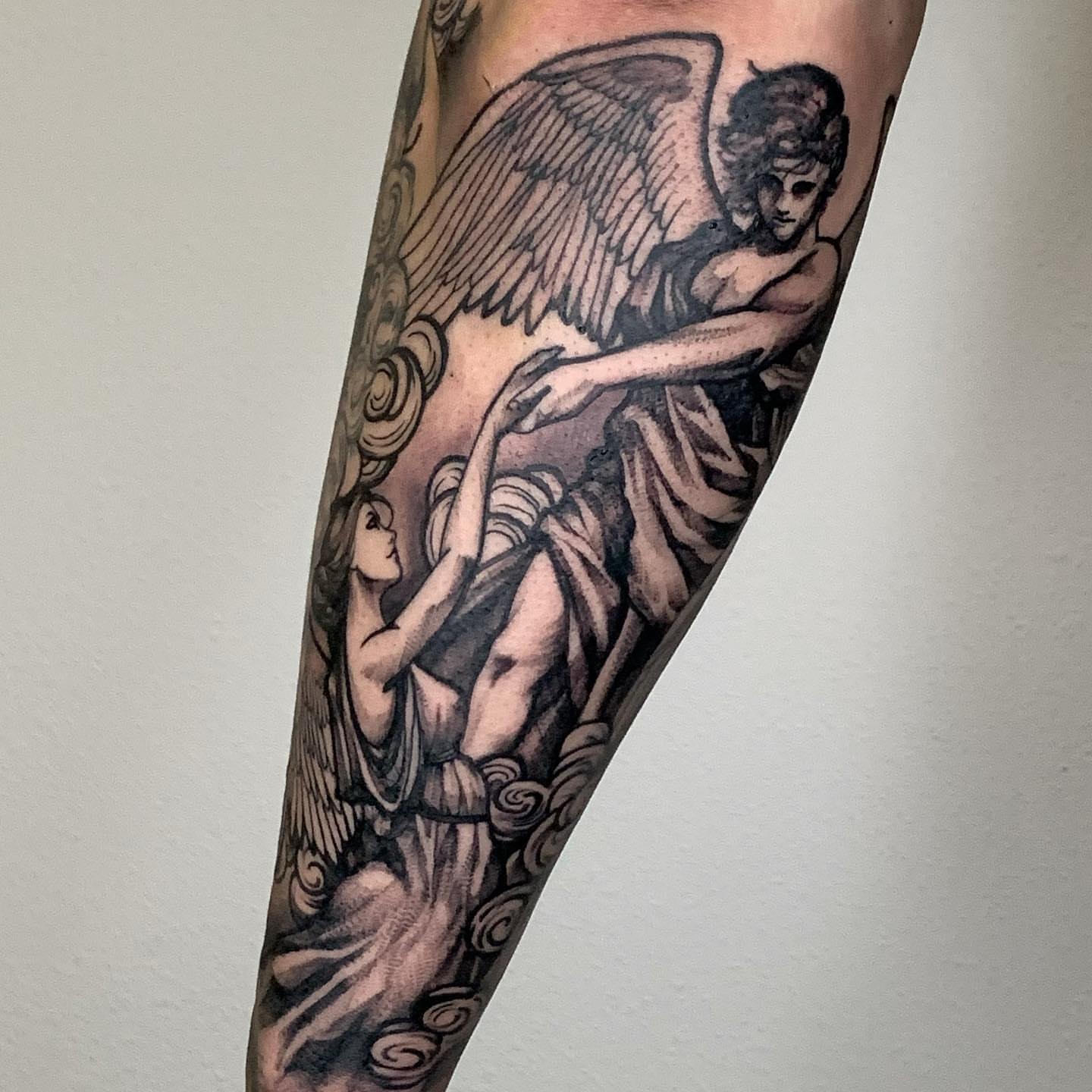 Angel and woman realism tattoo on the forearm by ⚔ Dylan Smith ⚔, Richmond, Virginia
