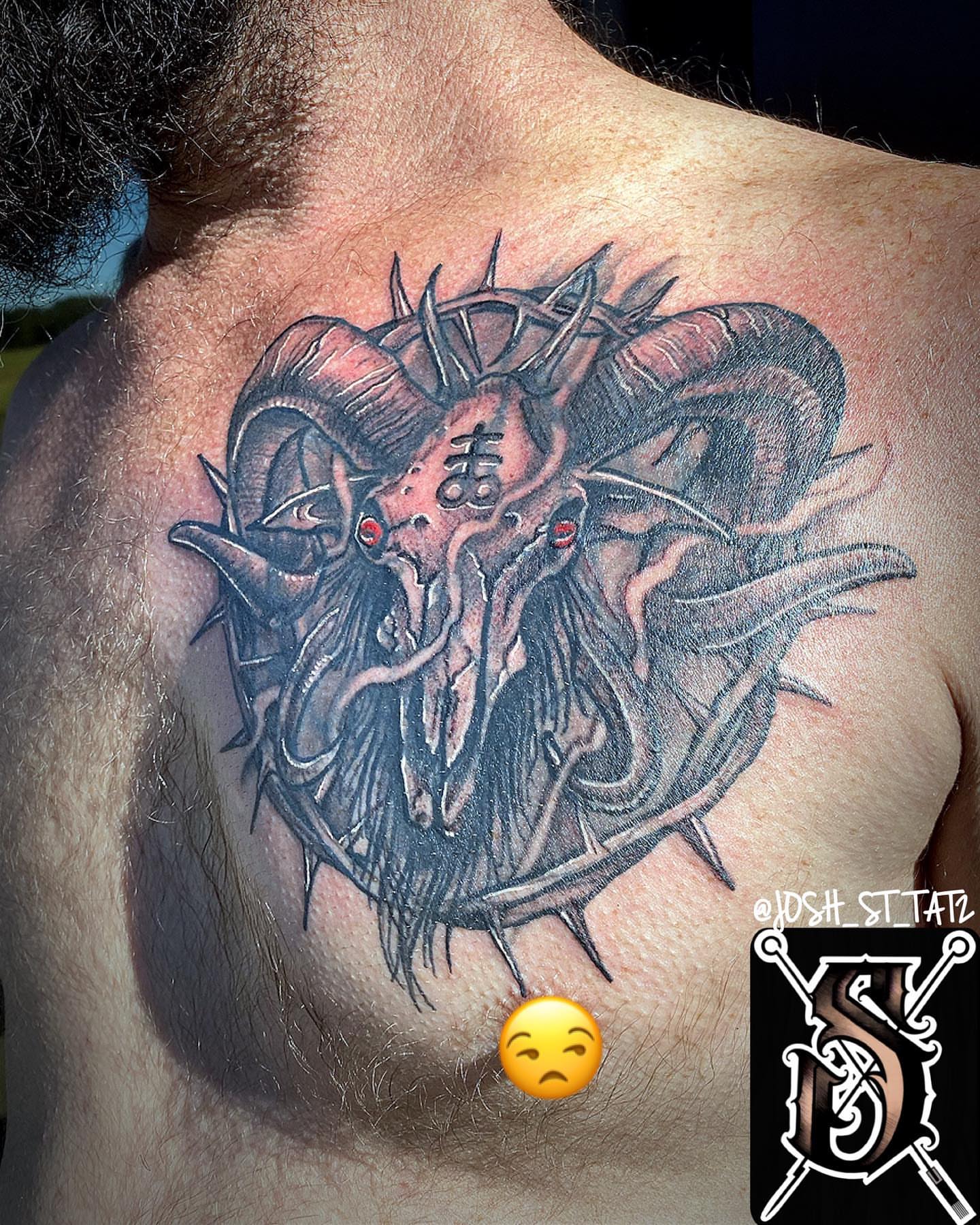 Demon skull dark realism tattoo on the back by Josh St.germain