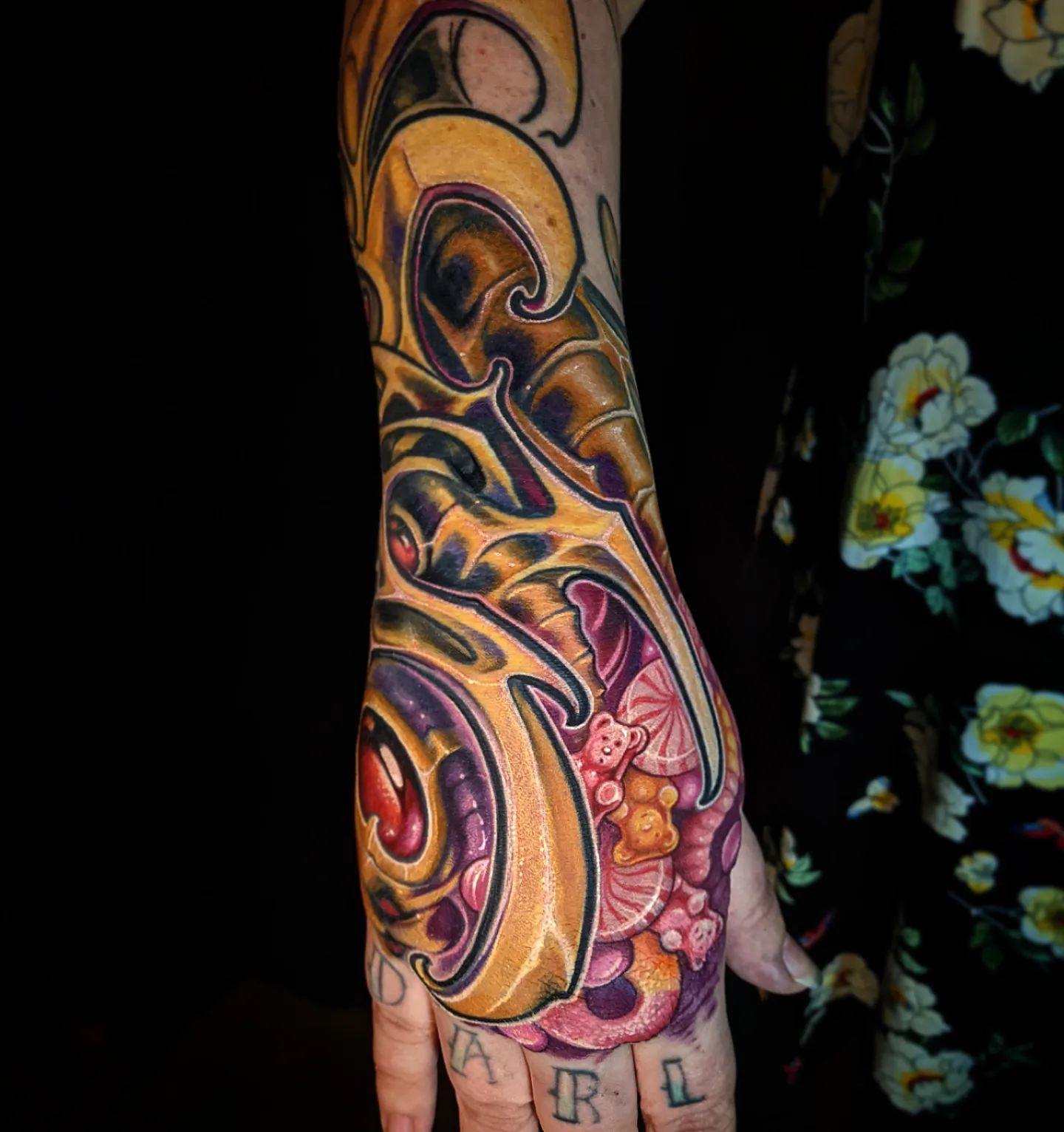 Abstract flame new school tattoo on the forearm by Matt Driscoll