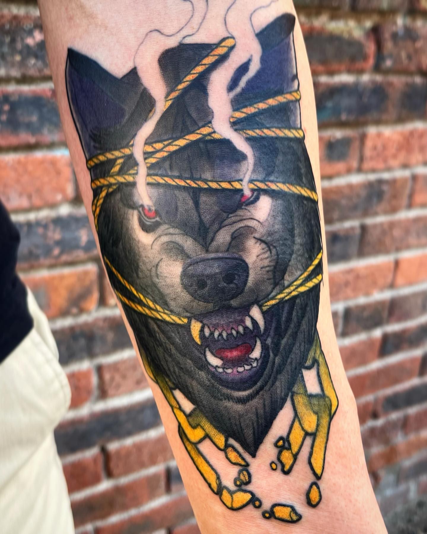 Bear American traditional tattoo on the forearm by Ben Viamontes