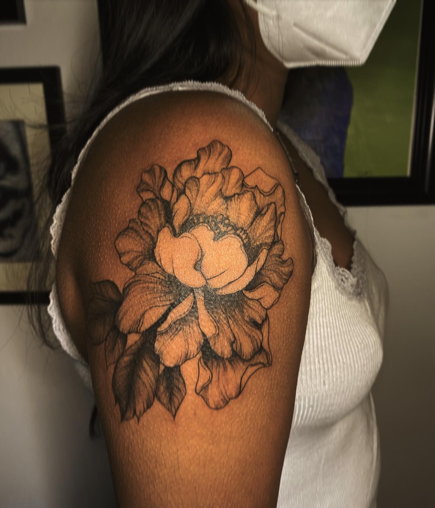Peony black and grey tattoo on the shoulder by Cindy Xu