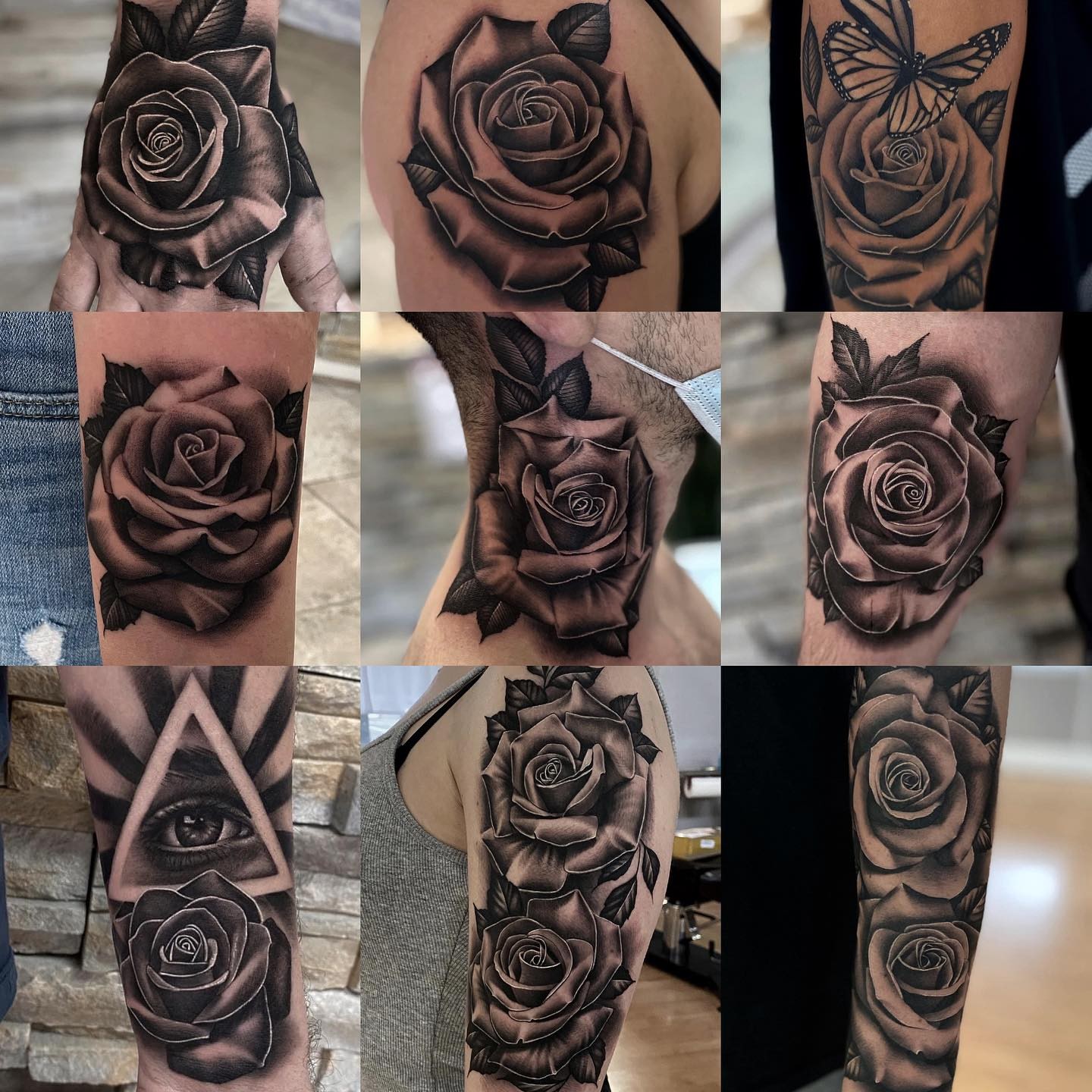 Rose realism tattoo on the upper arm by Aaron Carey, Salem, Oregon