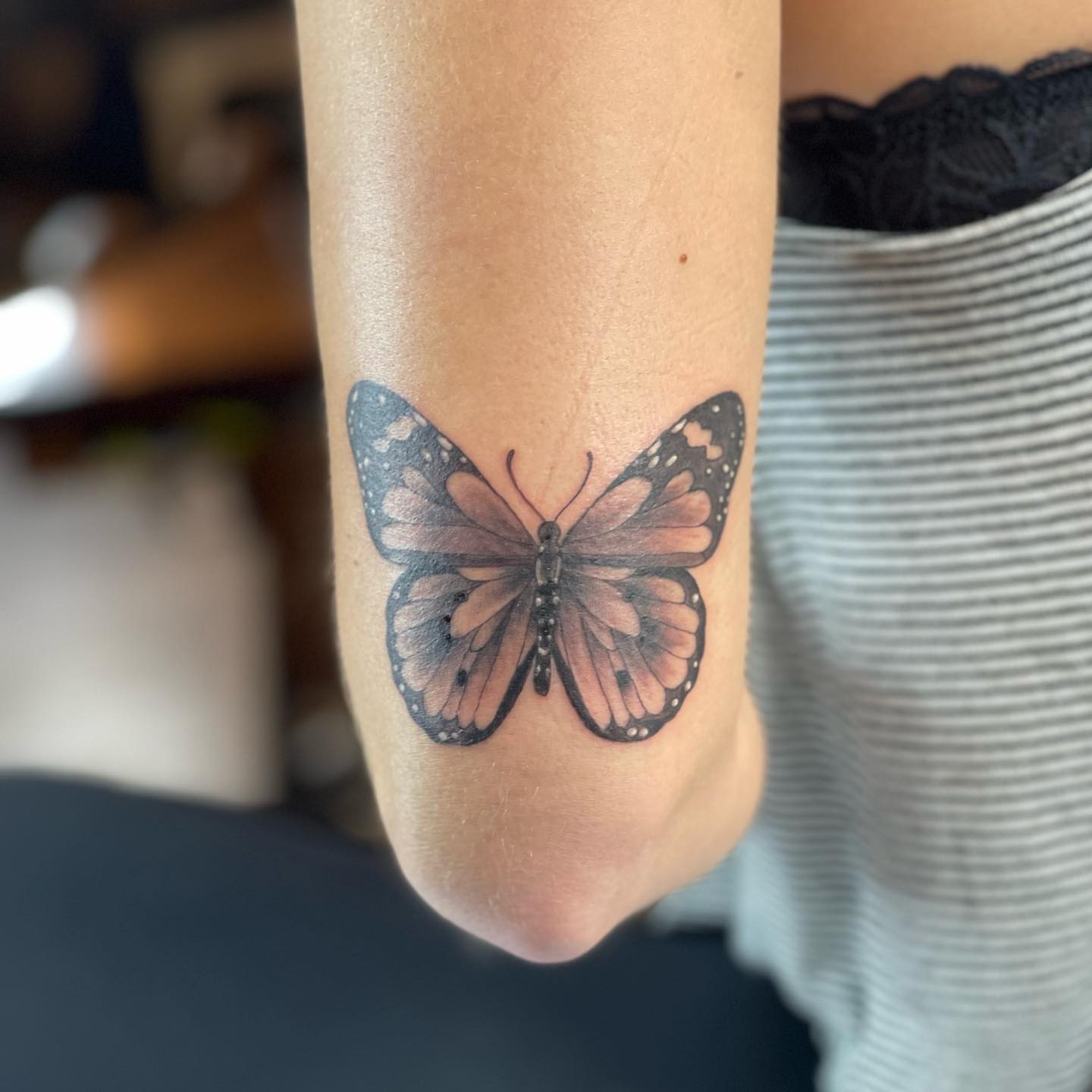 Butterfly realism tattoo on the forearm by ᴀ ɴ ɴ ᴀ ❀ ᴄ ʟ ᴀ ʀ ᴋ ᴇ