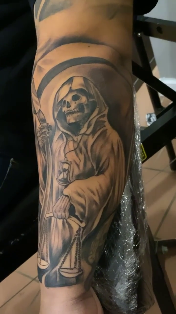 Grim Reaper with scales realism tattoo by Breyner, Cambridge, Massachusetts