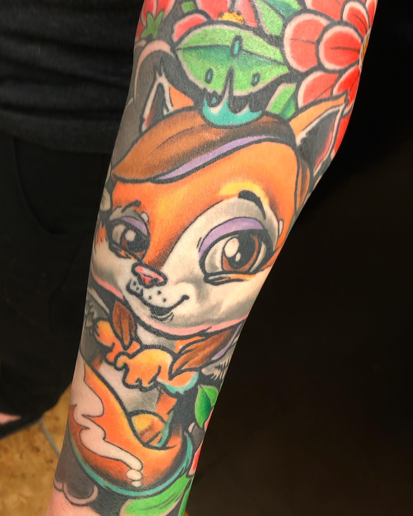 Cat character American traditional tattoo on the forearm by Steven Campbell, Kansas City, Missouri