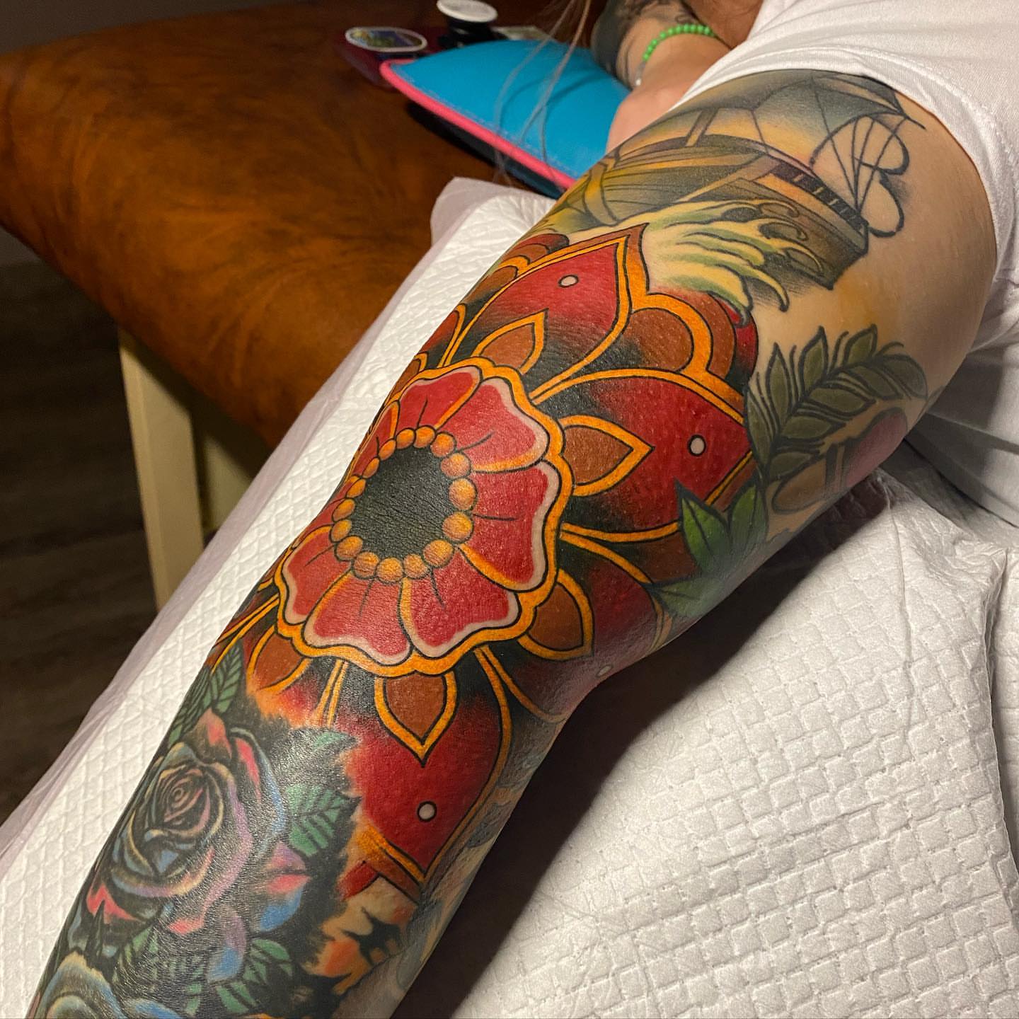 Floral mandala American traditional tattoo on the forearm by Jenni Hand - Tattoo, Maryville, Tennessee