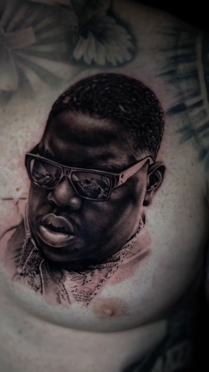 The Notorious B.I.G realism tattoo by @kotytattoos
