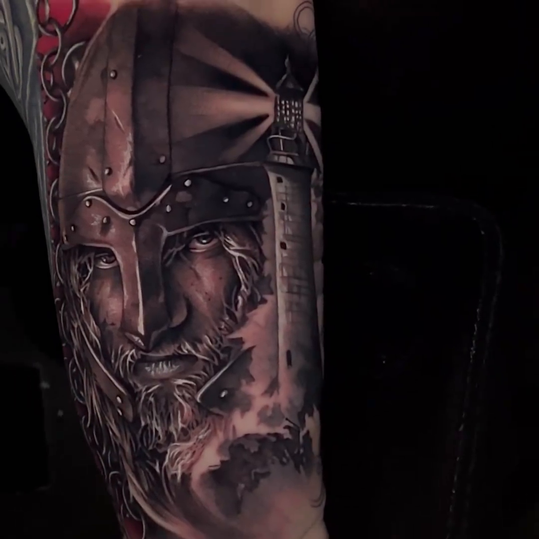 Viking warrior portrait realism tattoo by Travis Chick