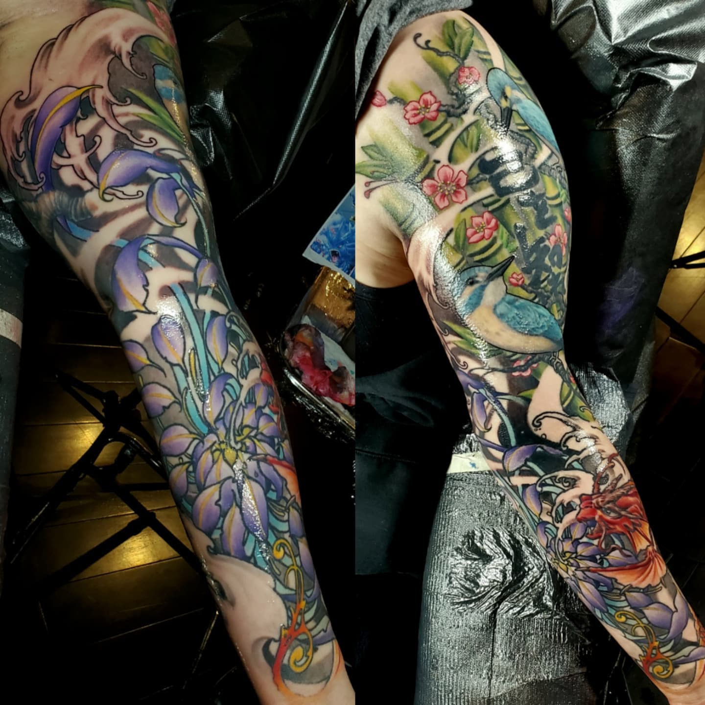 Bird and floral American traditional tattoo on the forearm by Jake Goss, Salt Lake City, Utah
