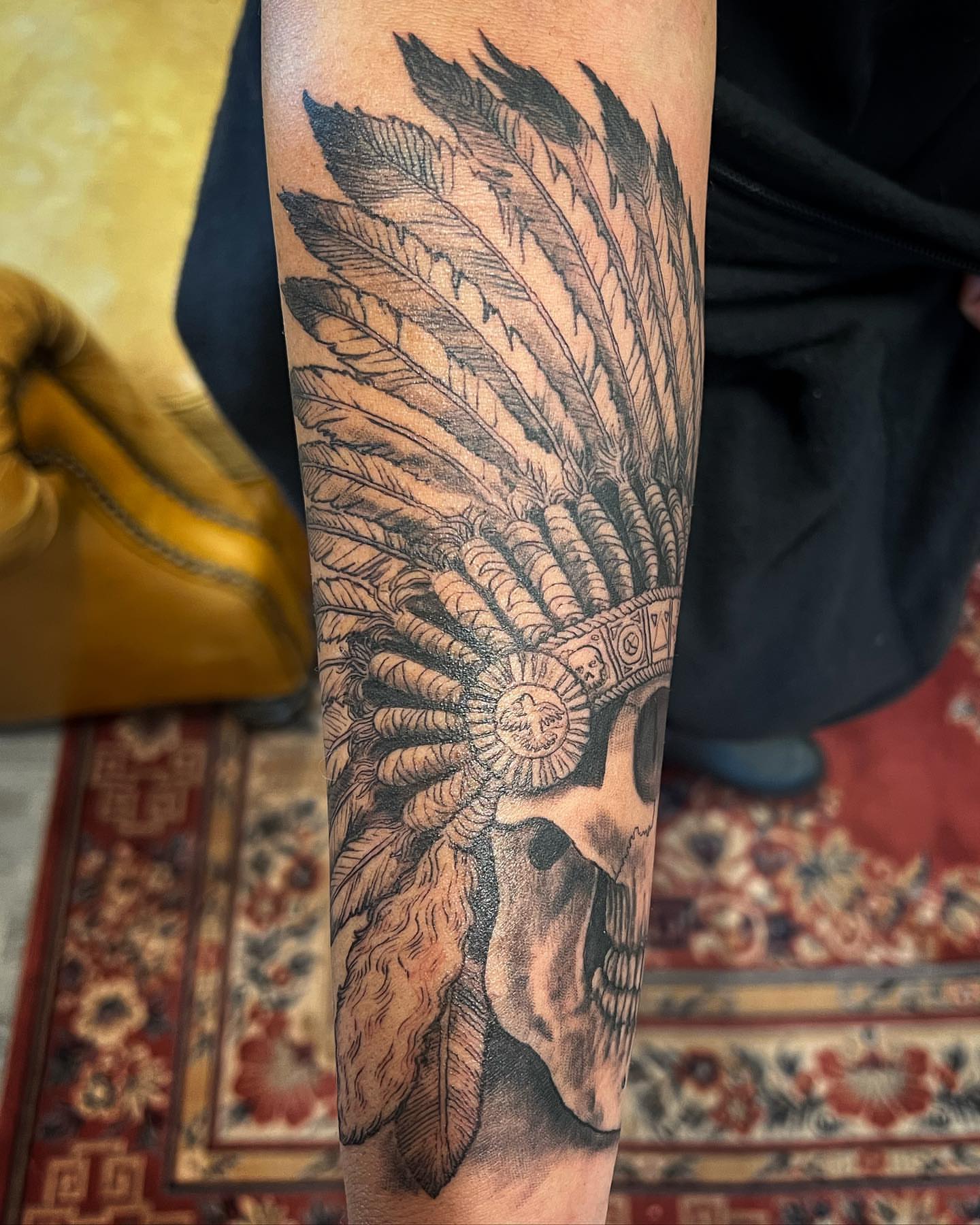 Skull headdress realism tattoo on the forearm by Iconic Ink, Millbury, Massachusetts
