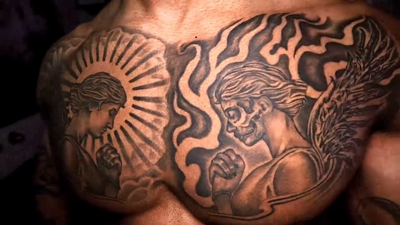 Angel and skeleton praying realism tattoo by Artfabn