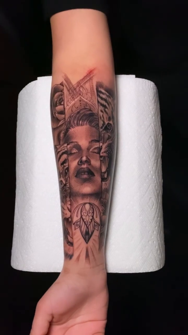 Woman's face and rose realism tattoo by Jared Soto