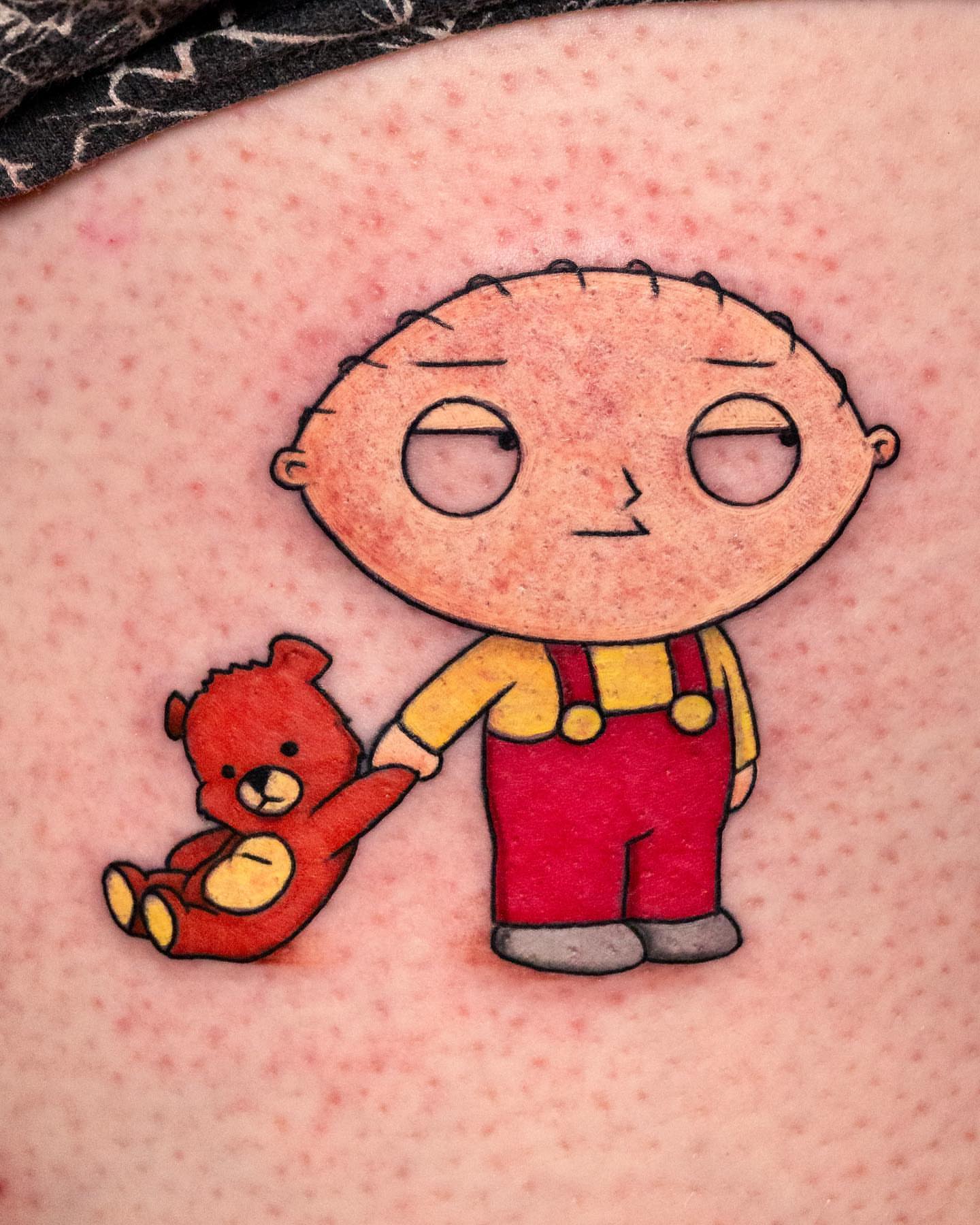 Stewie Griffin dotwork tattoo on the torso by Jaime Navarro