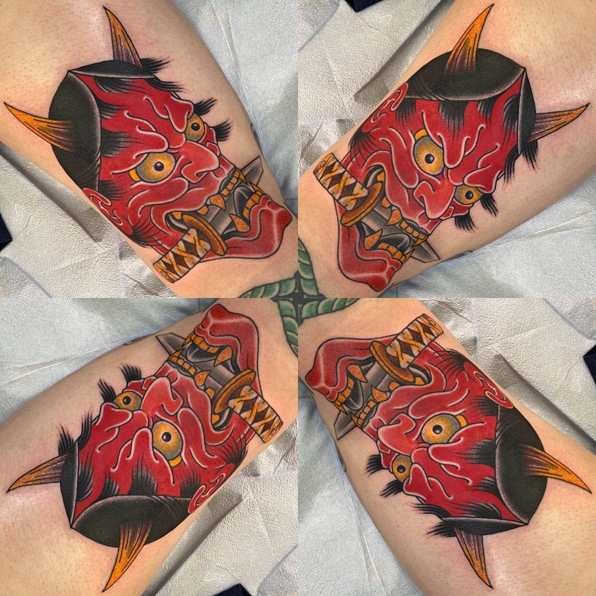 Demon mask American traditional tattoo on the forearm by Erick Lynch, Cambridge, Massachusetts