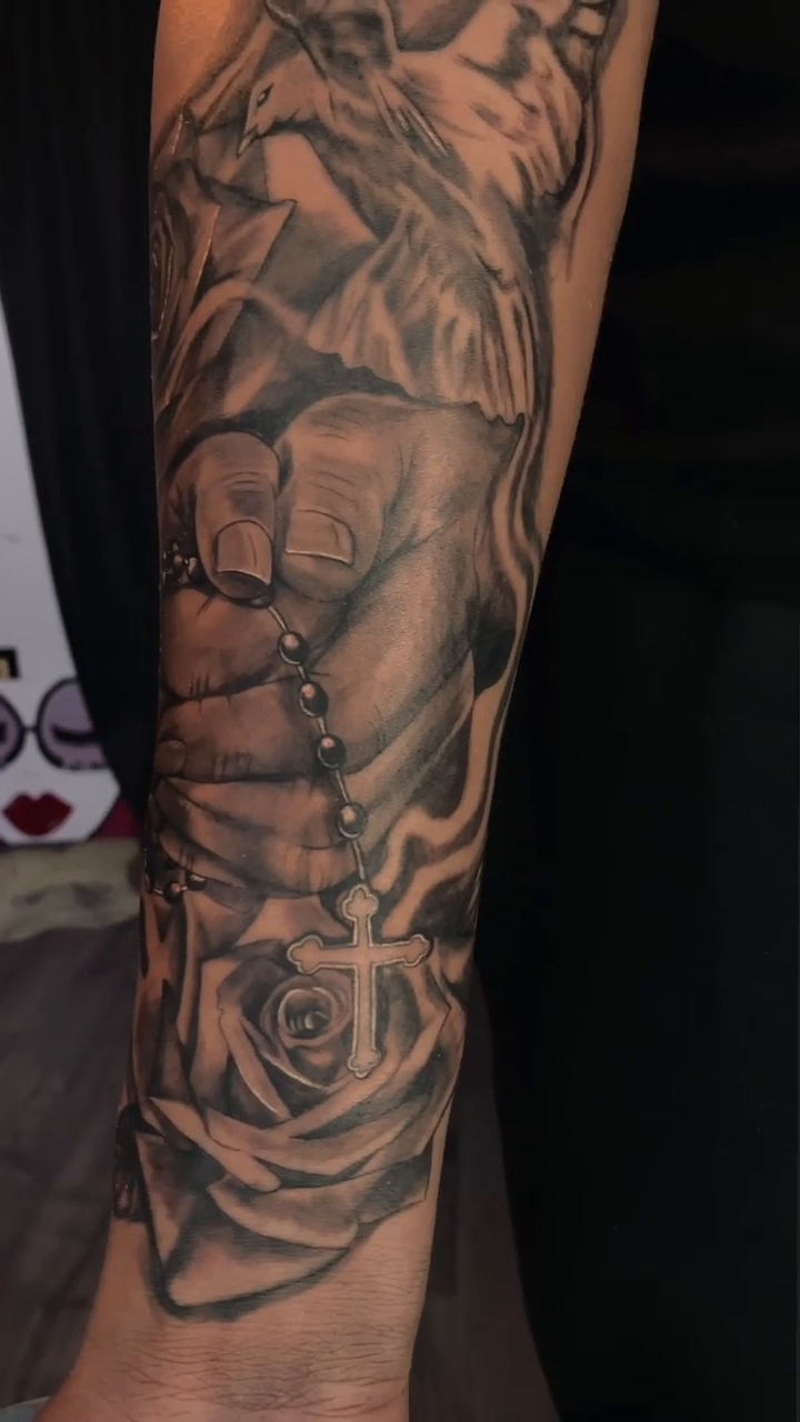 Religious imagery with roses realism tattoo by Nj Tattoo Artist Inkdyou, Bloomfield, New Jersey