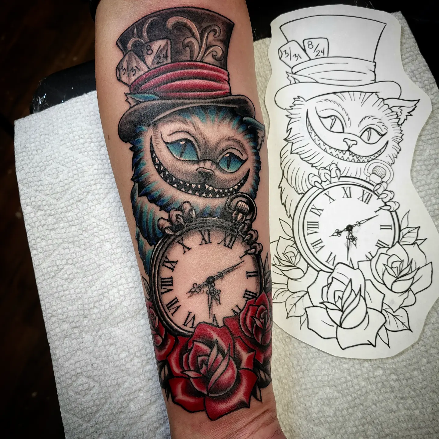 Cheshire cat American traditional tattoo on the forearm by Douglas
