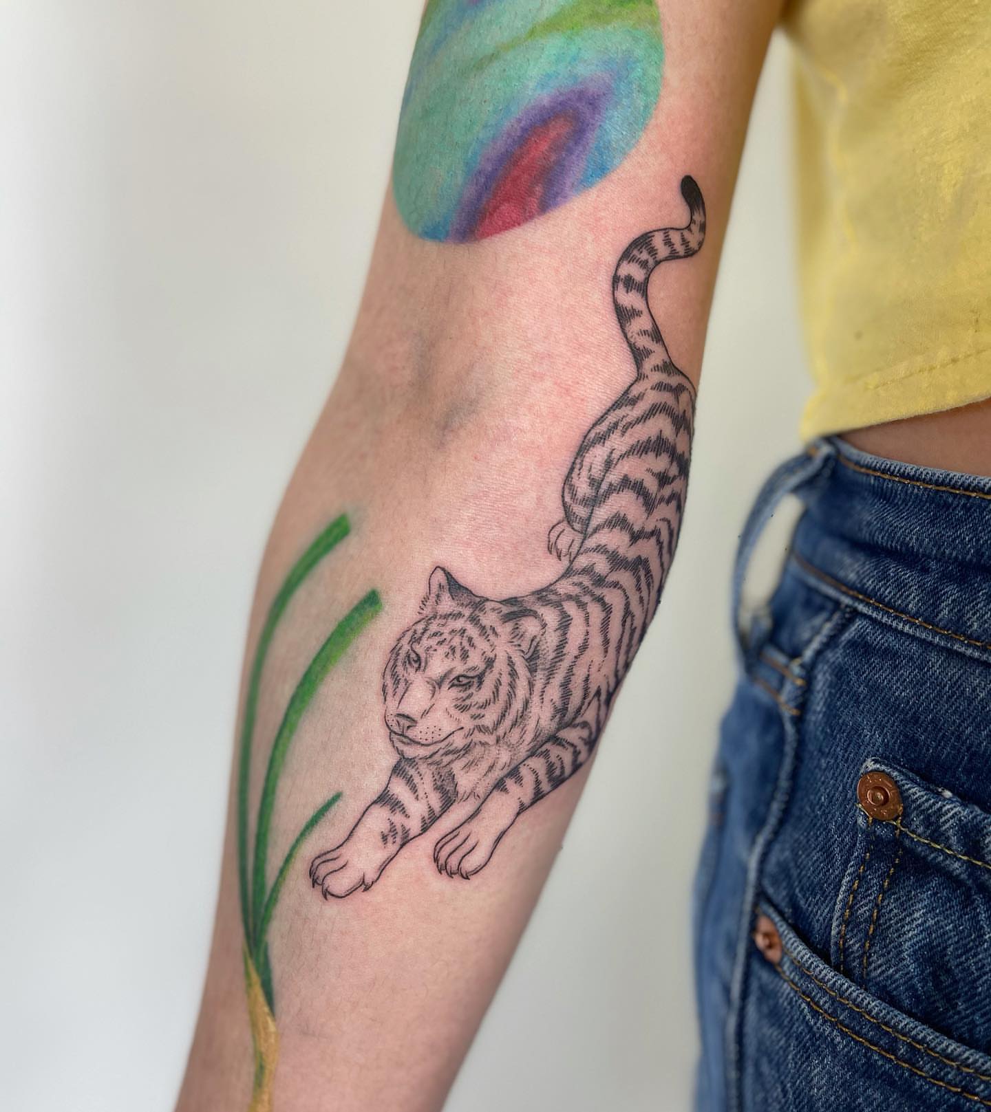 Tiger black and grey tattoo on the forearm by @jettaturas, New City, New York